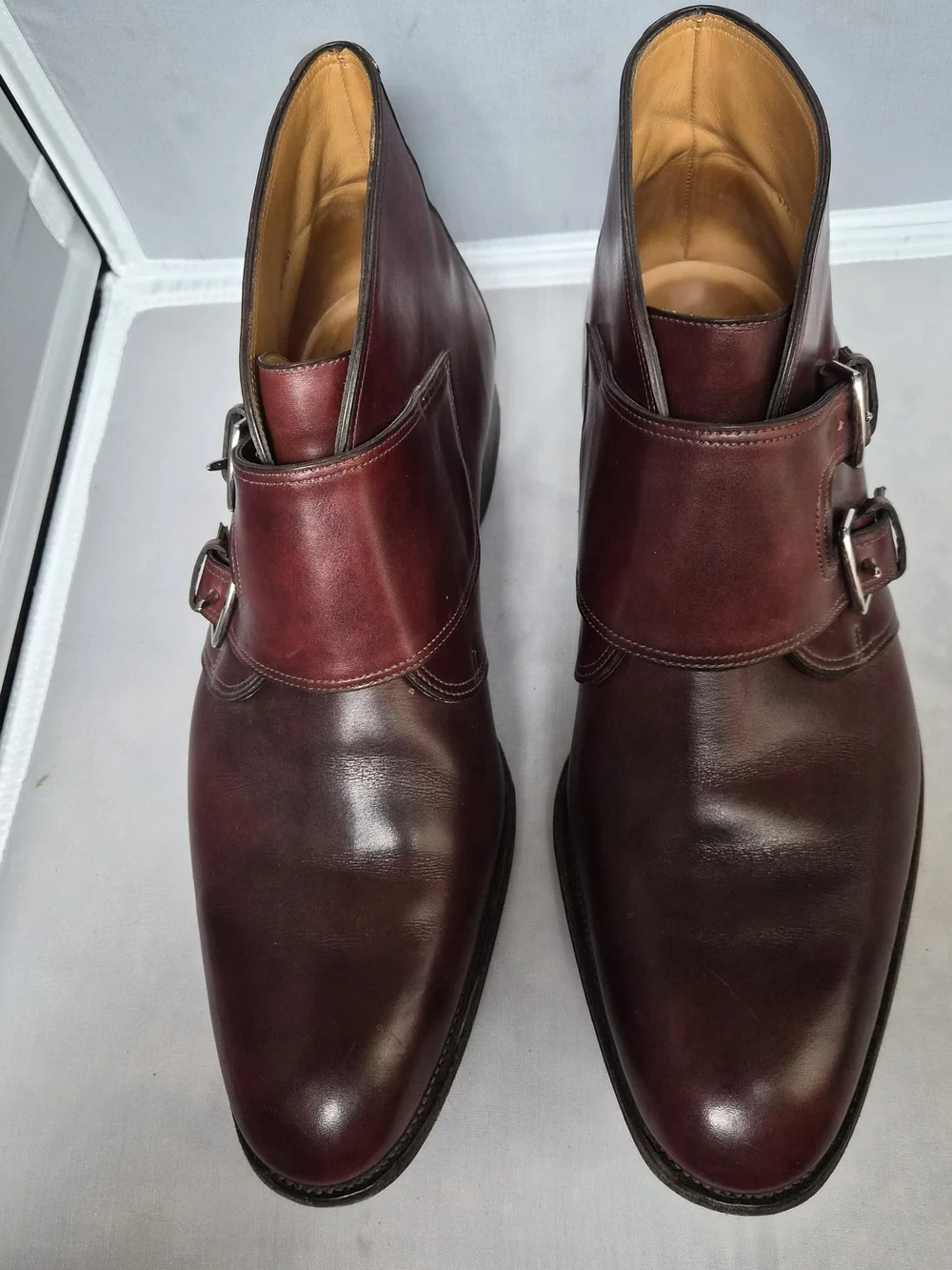 Hermes/John Lobb Double Monk Strap Ankle Boots - Burgundy Calfskin Size 43.5
